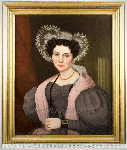 Portrait, Lady in Bonnet, Puffy Sleeves, Folk Art
American School, Anonymous
Circa 1830's, scale view